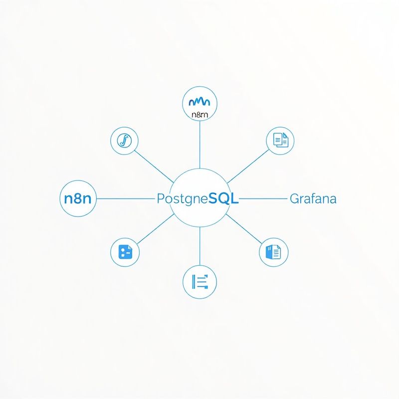 Schéma architektury — n8n, PostgreSQL a Grafana propojené modrými linkami